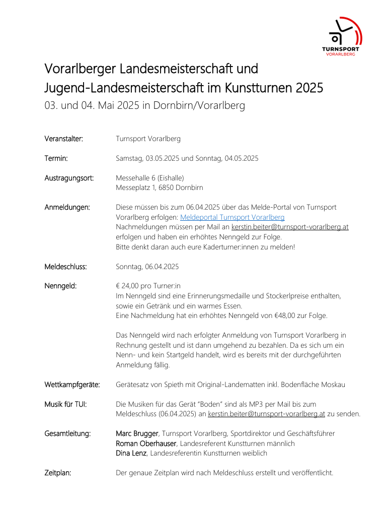 Landesmeisterschaft und  Jugend-Landesmeisterschaft im Kunstturnen 2025 - Ausschreibung