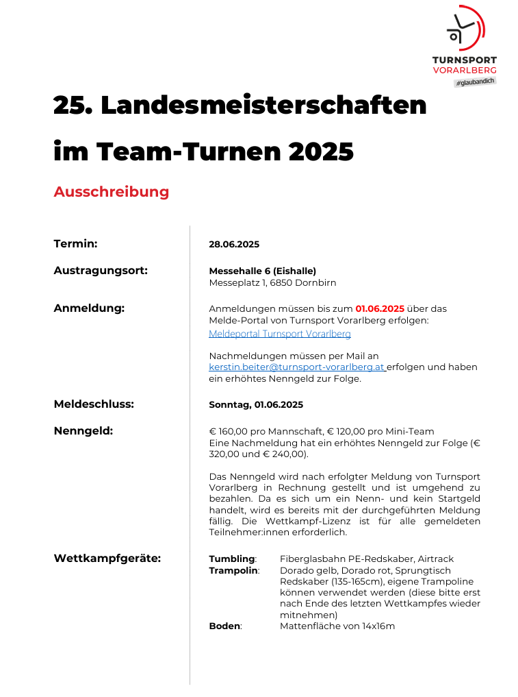 25. Landesmeisterschaften  im Team-Turnen 2025 - Ausschreibung