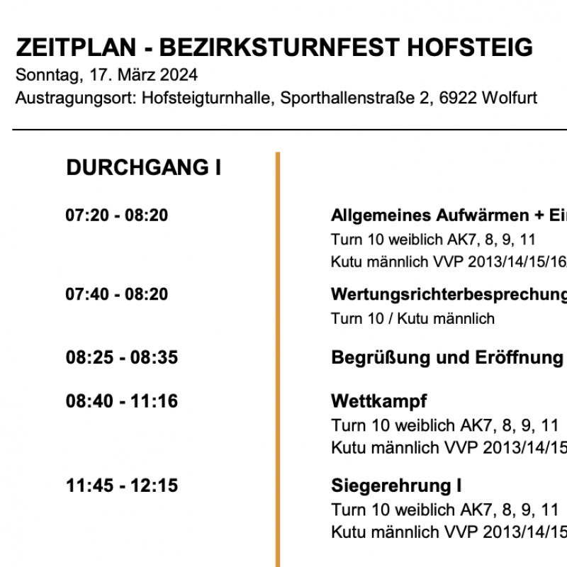 Bezirksturnfest Unterland - Zeitplan und Riegeneinteilung