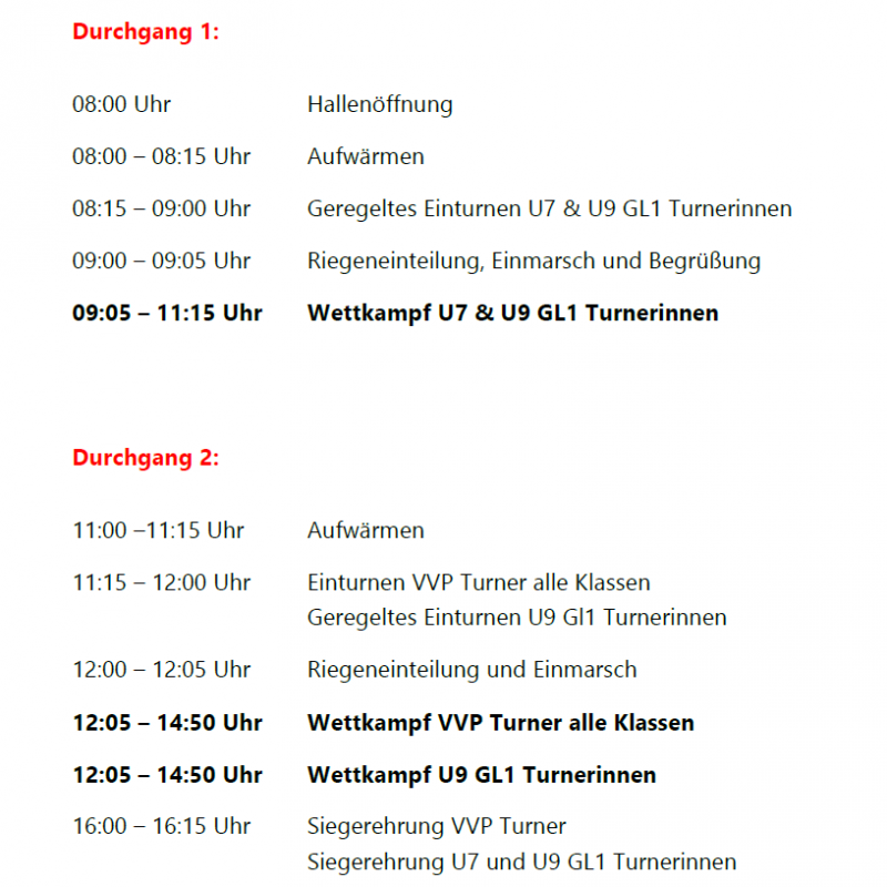 Landesmeisterschaft und Jugend-Landesmeisterschaft Kunstturnen - Zeitplan