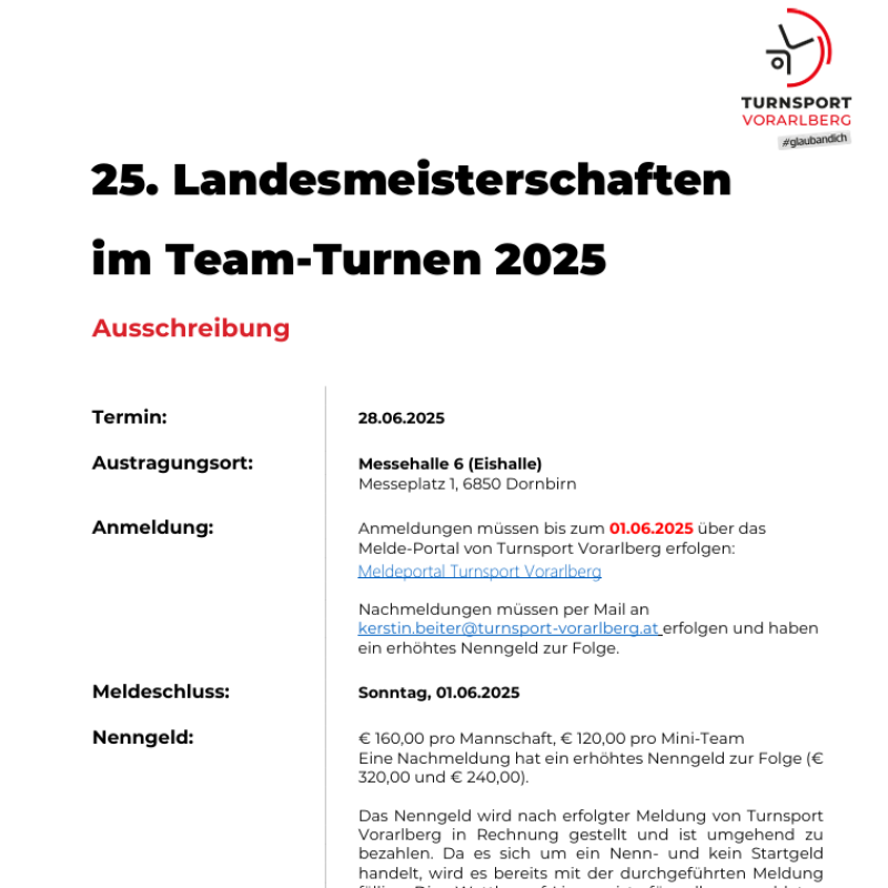 25. Landesmeisterschaften im Team-Turnen 2025 - Ausschreibung